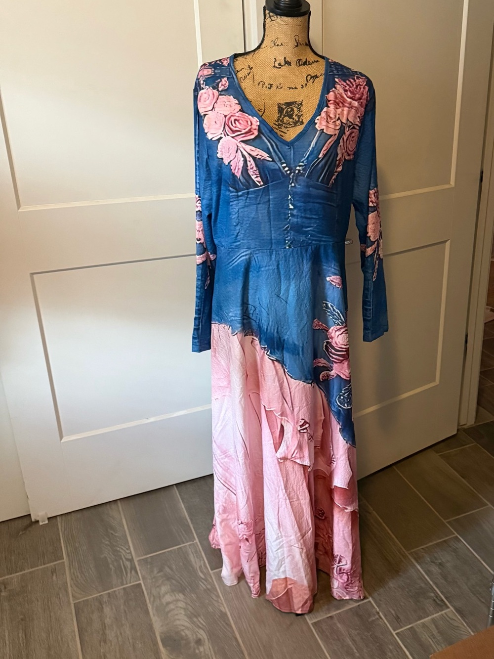 Boho Floral V-Neck Maxi Dress in Blue and Pink
